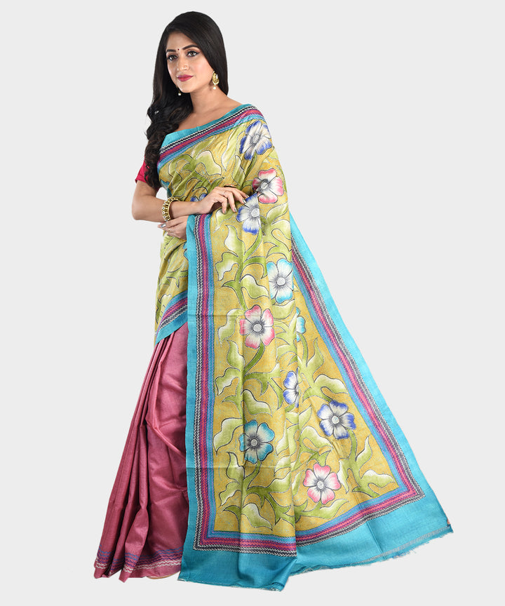 Light green pink hand embroidery kantha stitch tussar silk saree