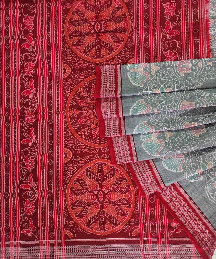 Grey red handloom cotton sambalpuri saree