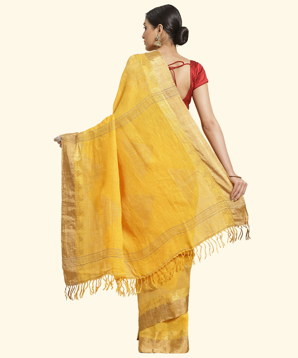 Biswa bangla handloom yellow linen nettle jacquard saree with zari work