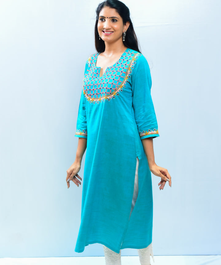 Blue green pako hand embroidery cotton kurta