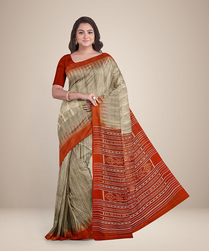 Beige orange gopalpur tussar silk handwoven saree