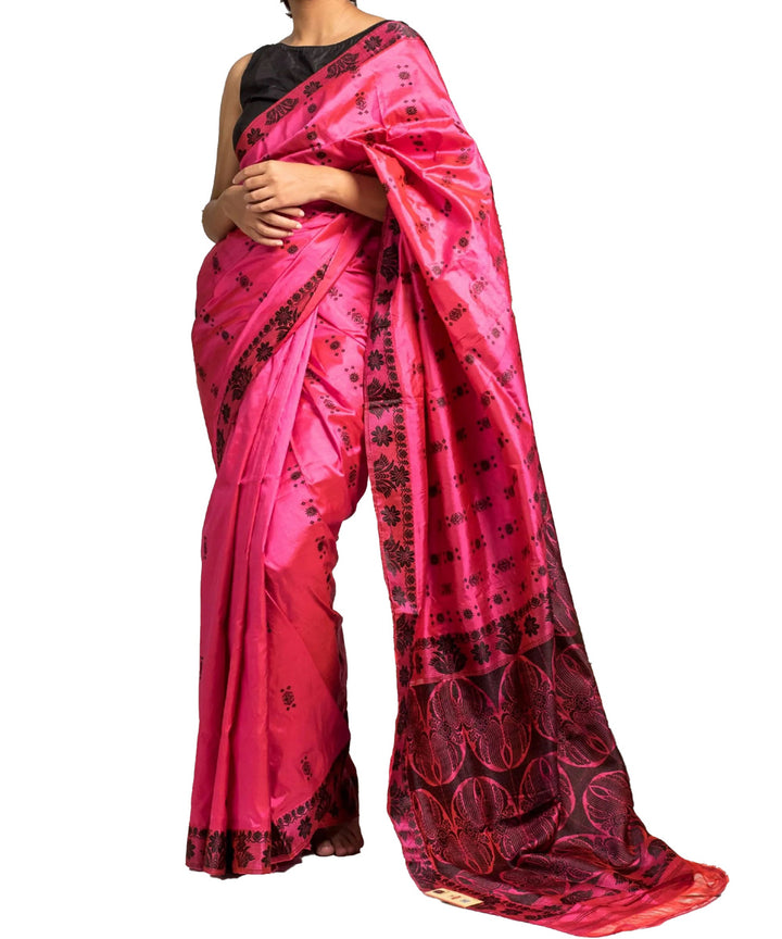Pink black silk handloom assam saree