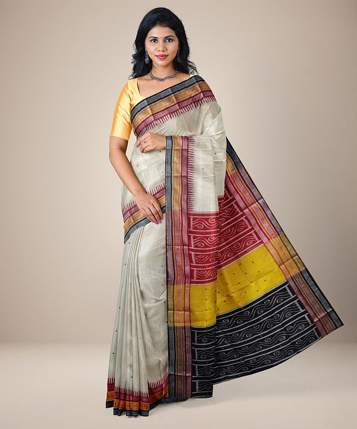 White with red black yellow silk handwoven khandua saree