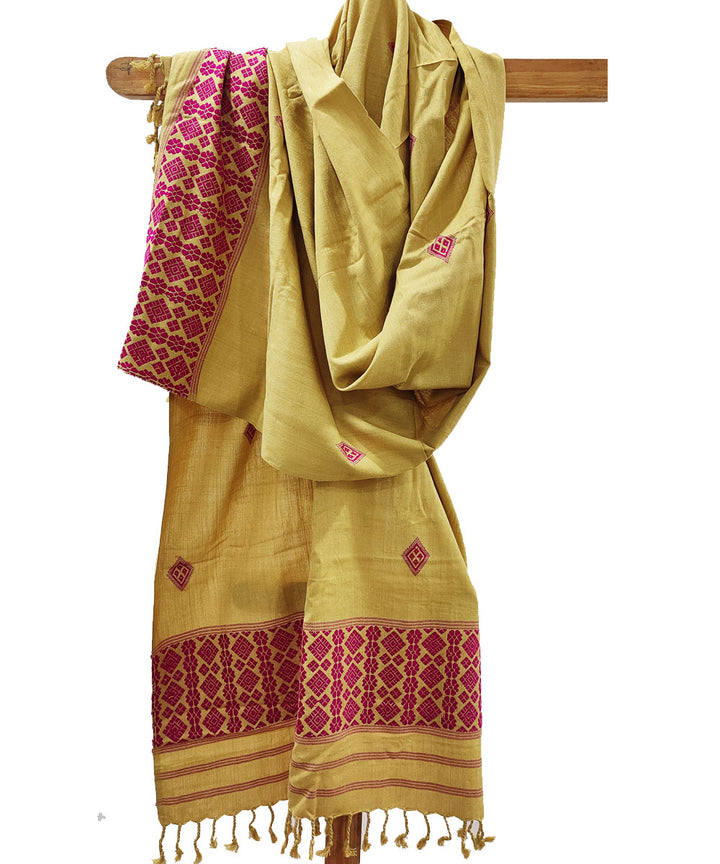 Yellow pink handloom cotton assam stole
