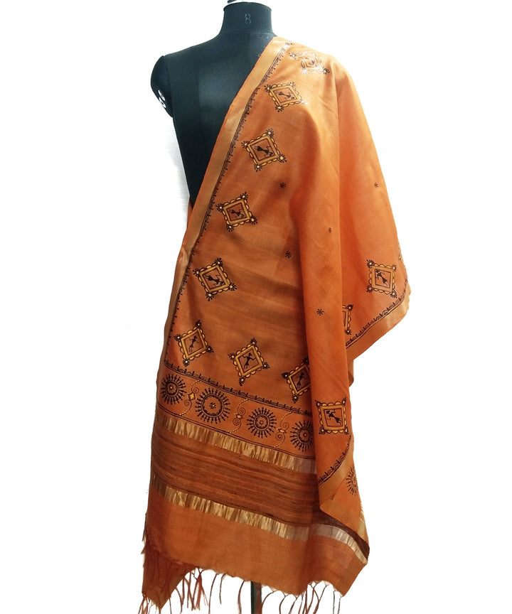 Golden orange hand painted silk godana art dupatta