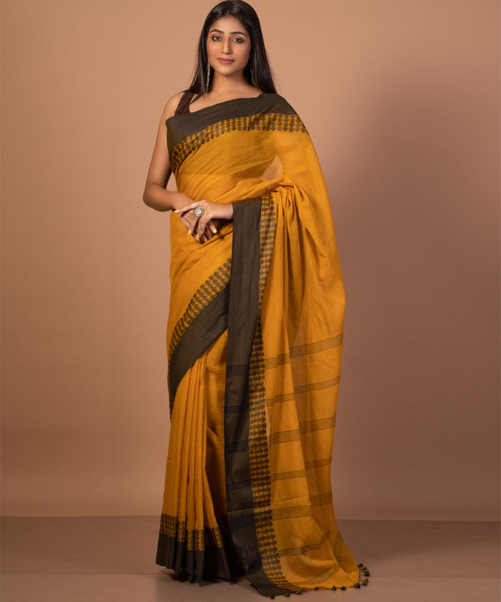 Mustard handwoven cotton jamdani saree