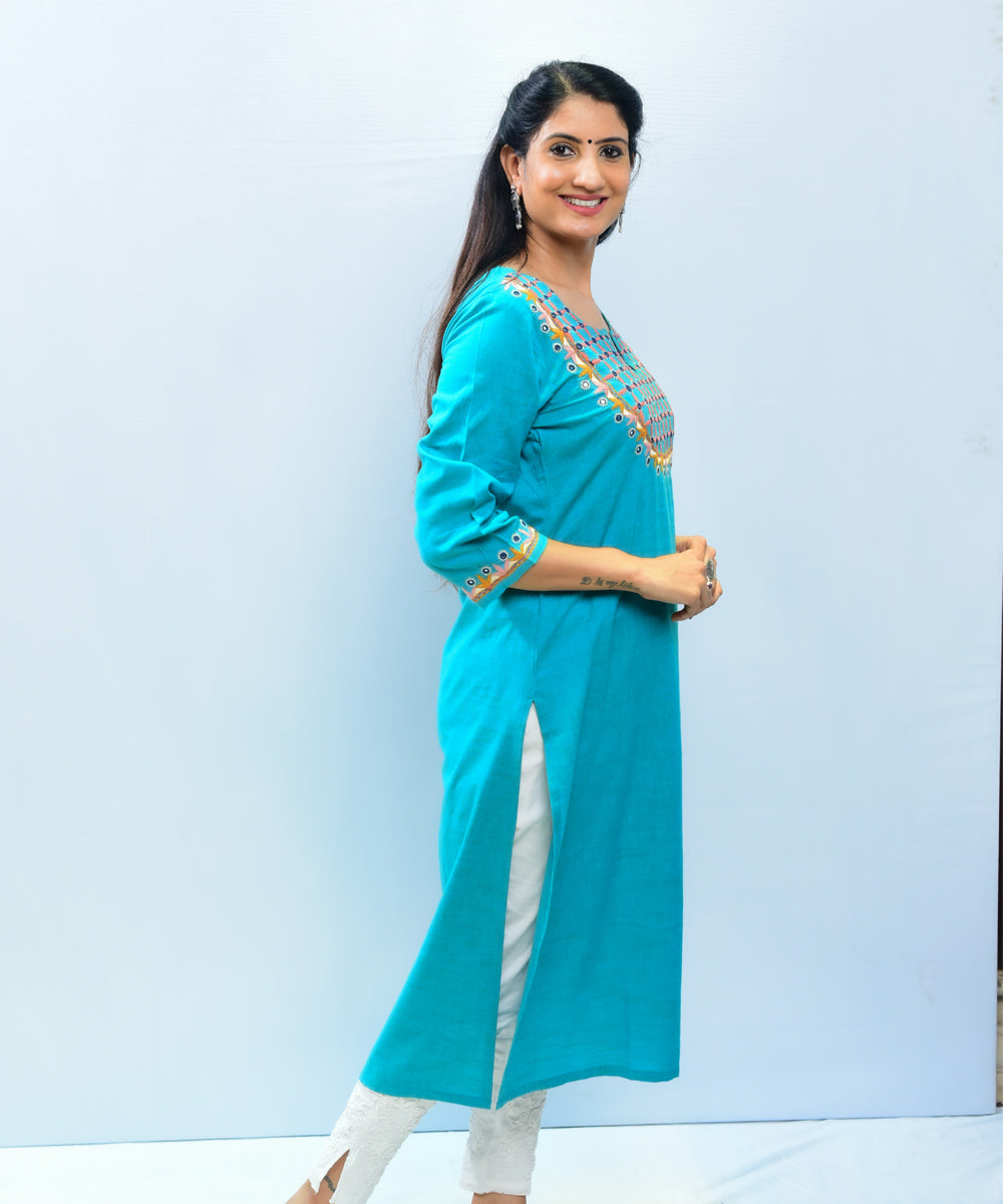 Blue green pako hand embroidery cotton kurta