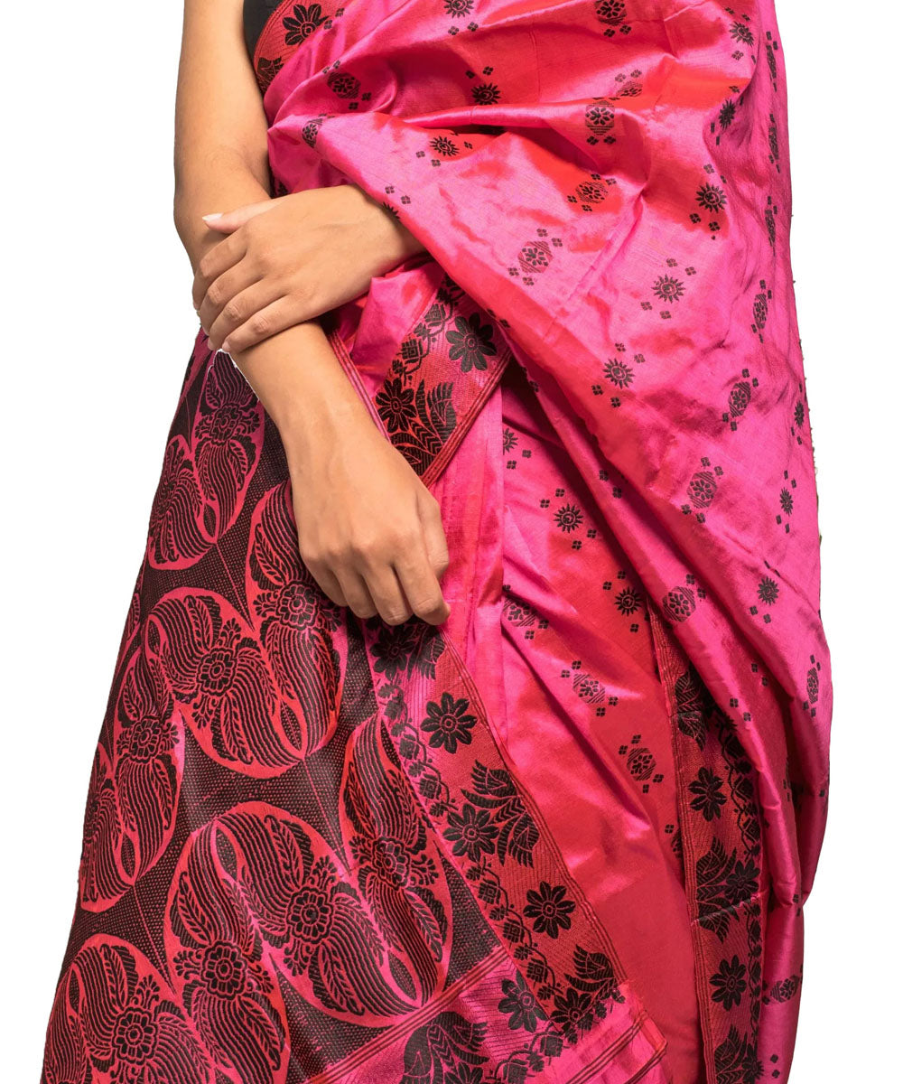 Pink black silk handloom assam saree