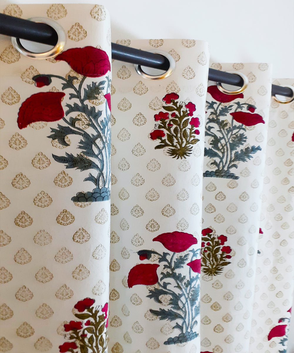 White hand block print long door cotton curtain