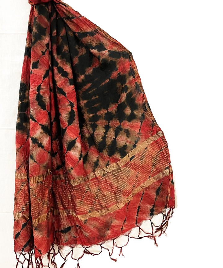 Red black handwoven tie dye tussar silk stole