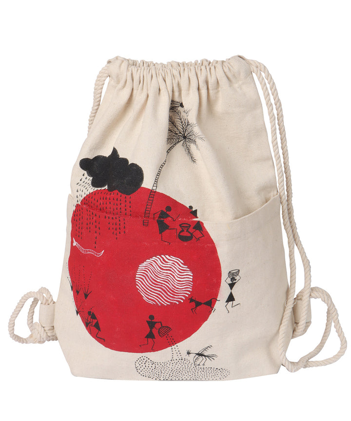 Beige red handcrafted majarpath cotton rucksack bag