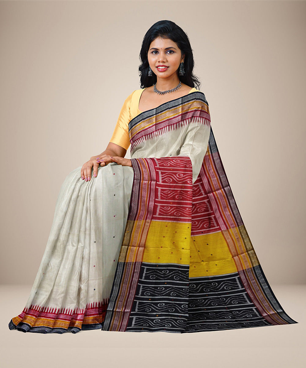 White with red black yellow silk handwoven khandua saree