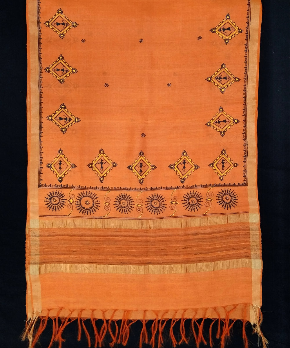 Golden orange hand painted silk godana art dupatta