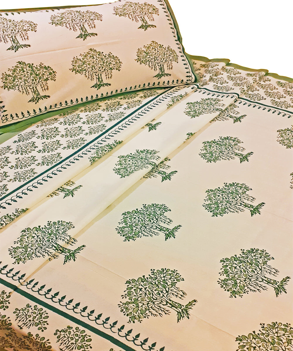 Tree motif block print cotton single bed sheet with pillow cover