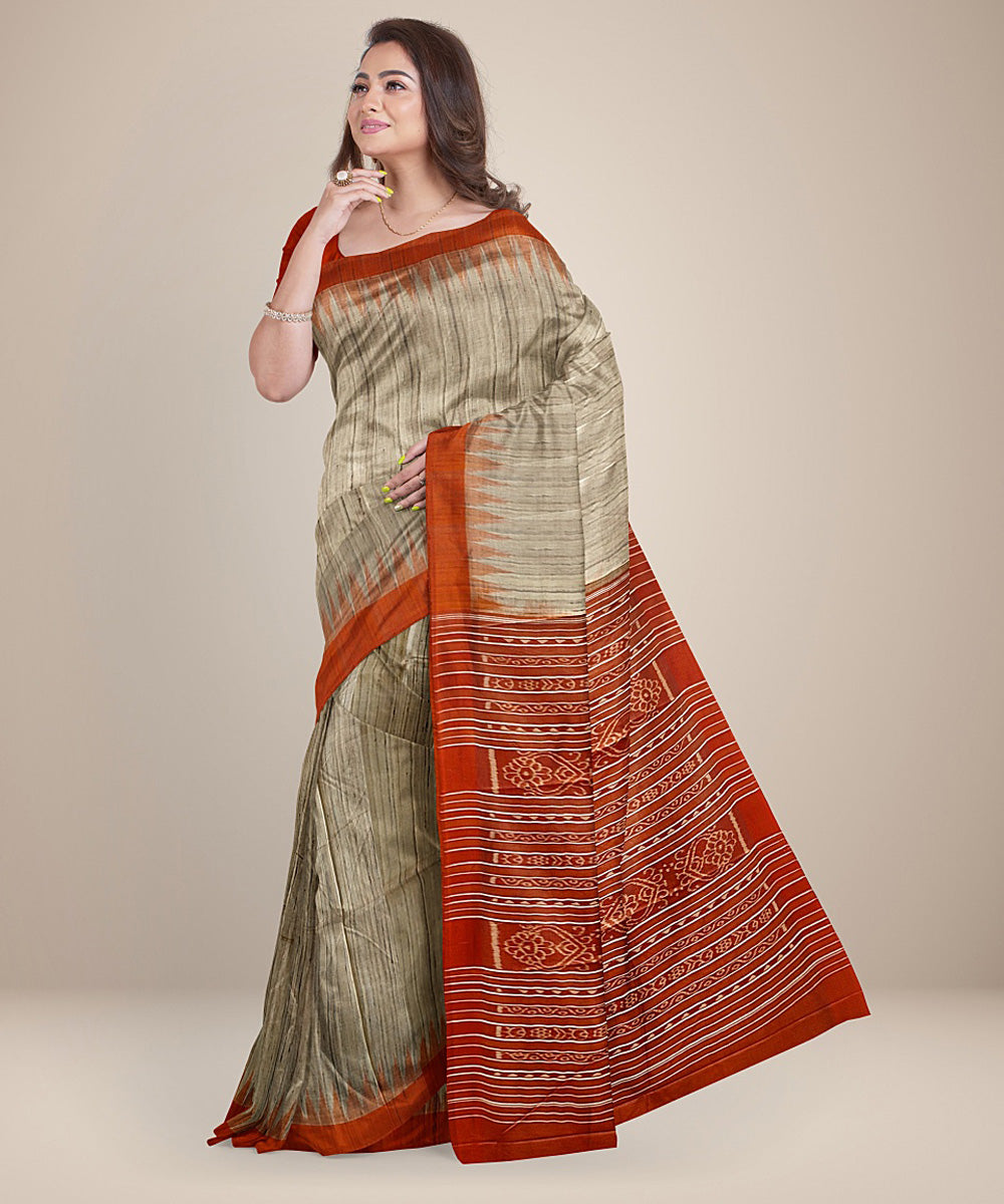 Beige orange gopalpur tussar silk handwoven saree