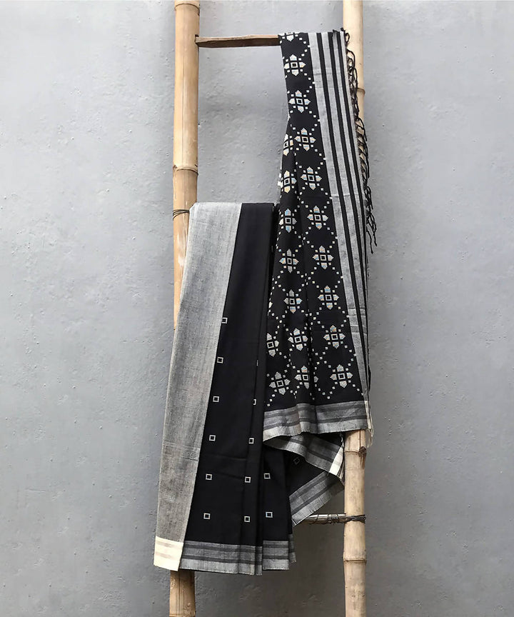 Black white handwoven extra weft cotton saree