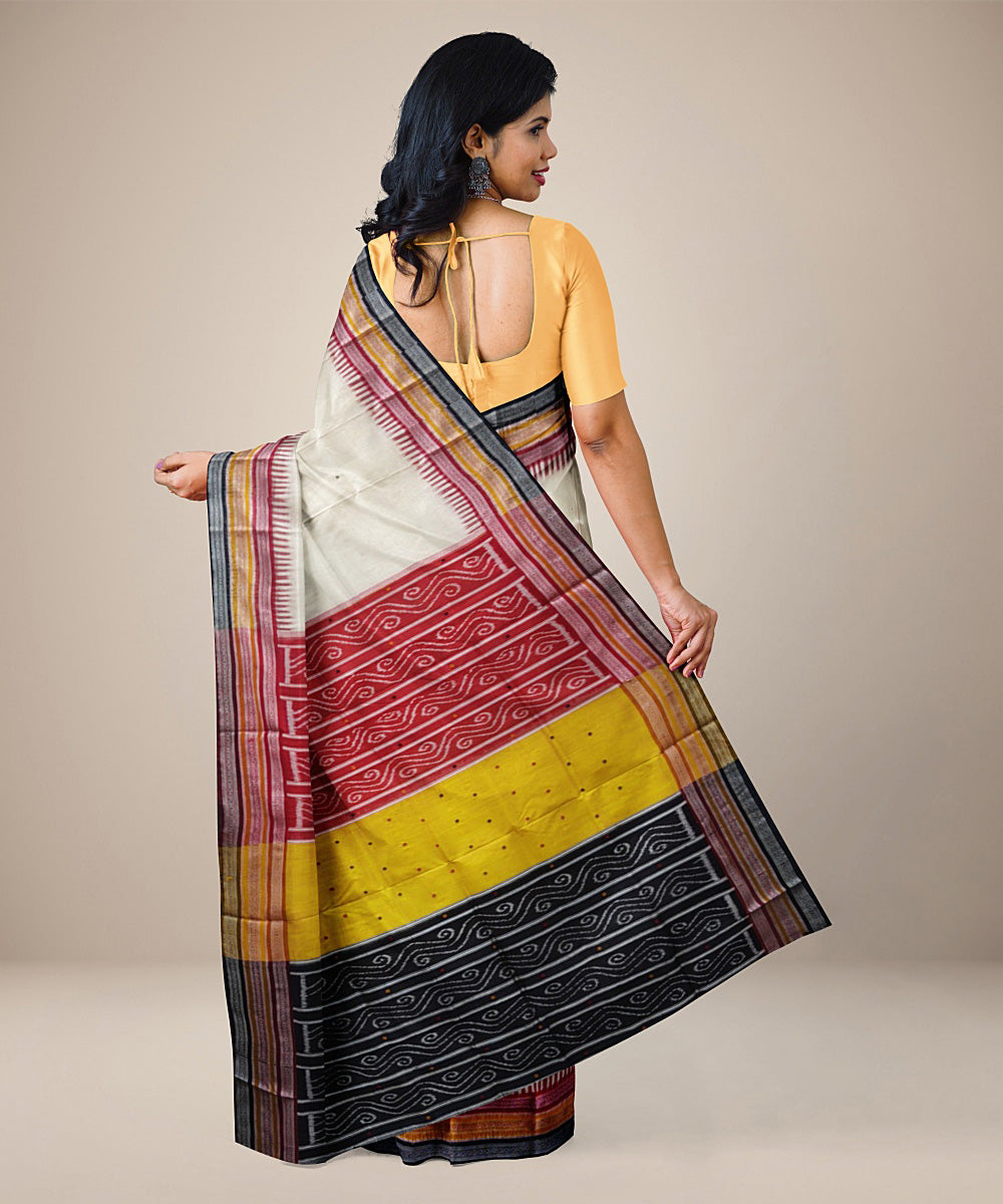 White with red black yellow silk handwoven khandua saree