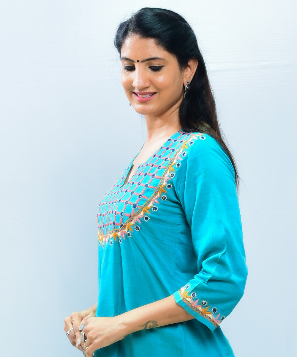 Blue green pako hand embroidery cotton kurta