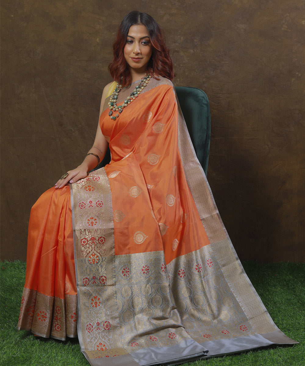 Orange silk handloom banarasi saree