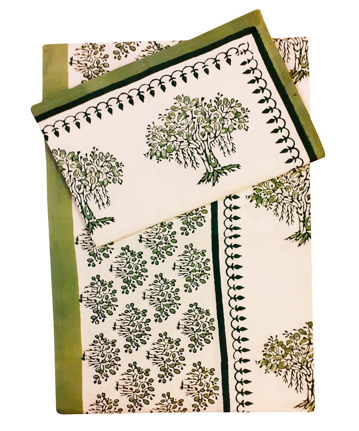Tree motif block print cotton single bed sheet with pillow cover