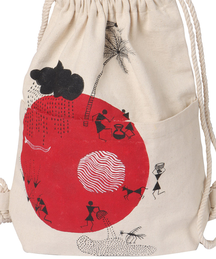 Beige red handcrafted majarpath cotton rucksack bag