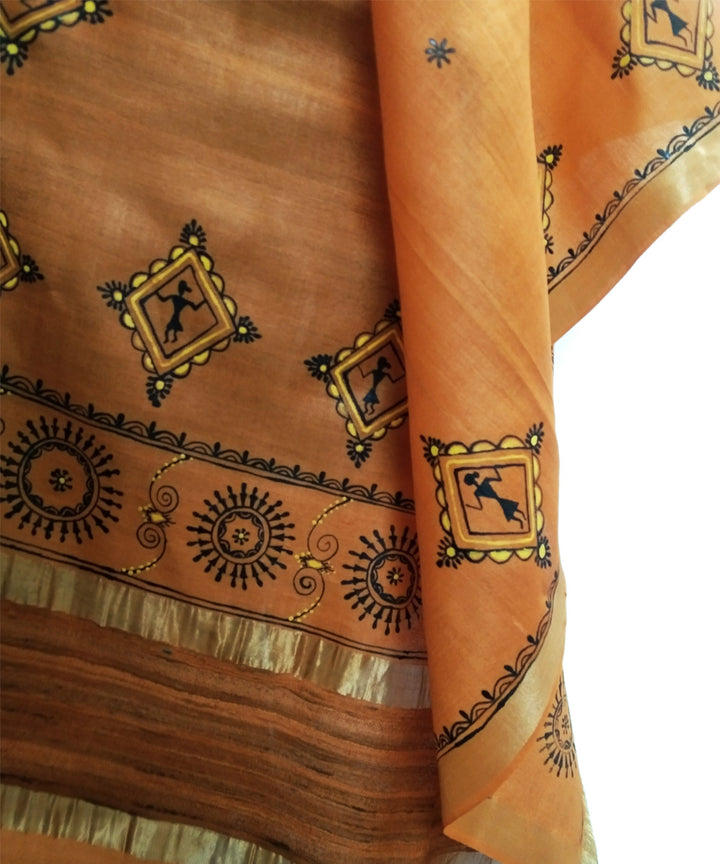 Golden orange hand painted silk godana art dupatta