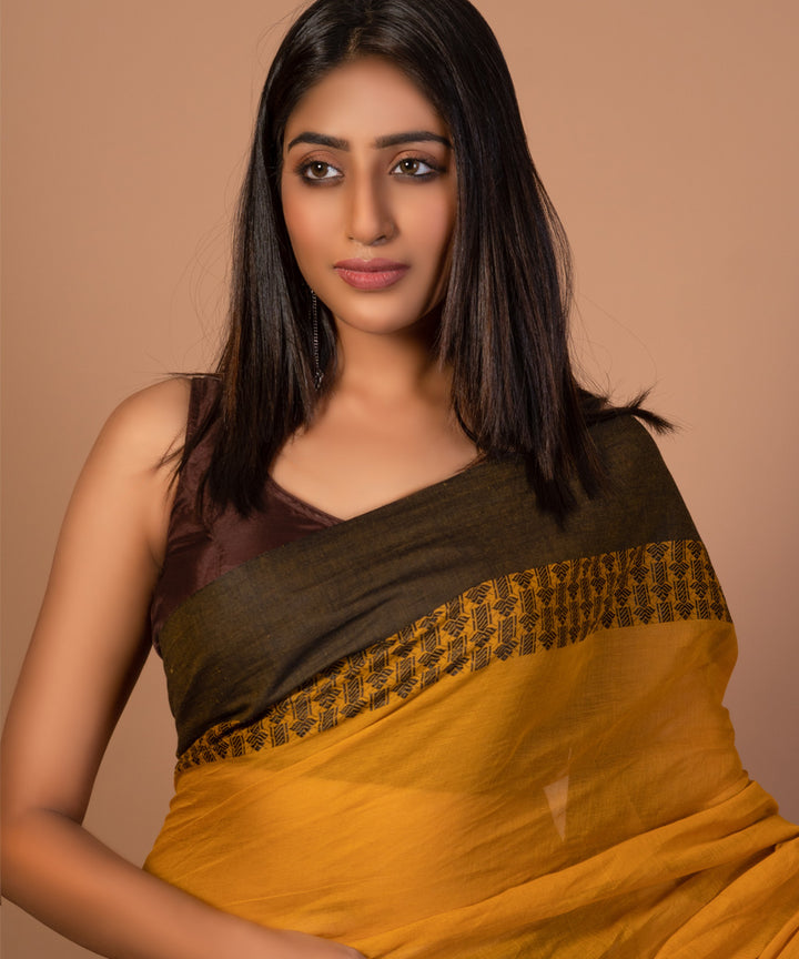 Mustard handwoven cotton jamdani saree