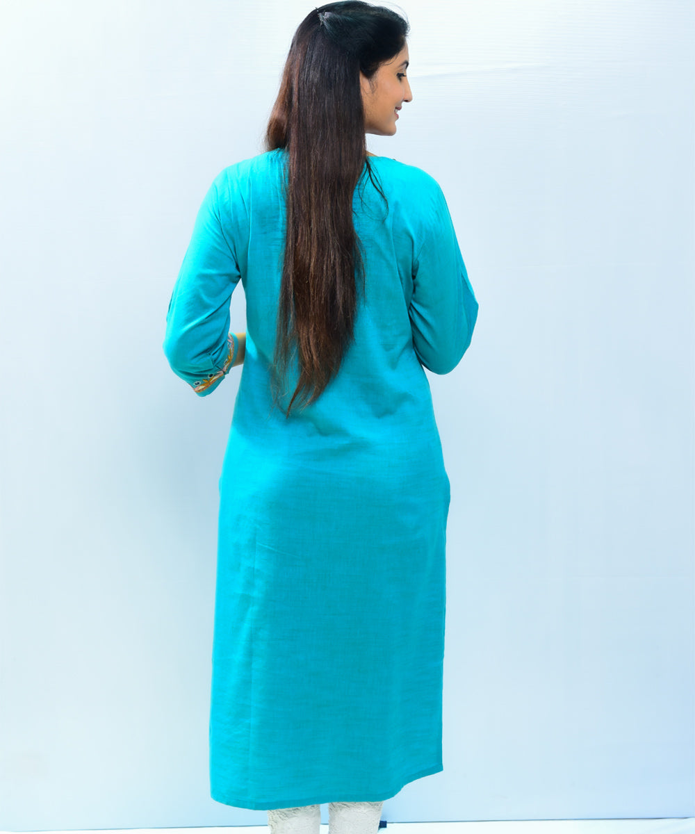 Blue green pako hand embroidery cotton kurta