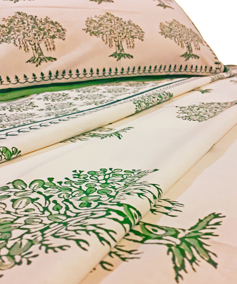 Tree motif block print cotton single bed sheet with pillow cover