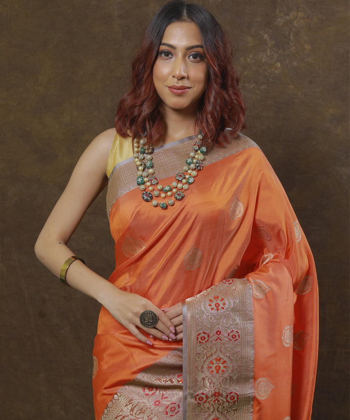 Orange silk handloom banarasi saree