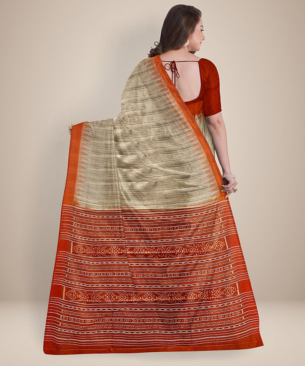 Beige orange gopalpur tussar silk handwoven saree