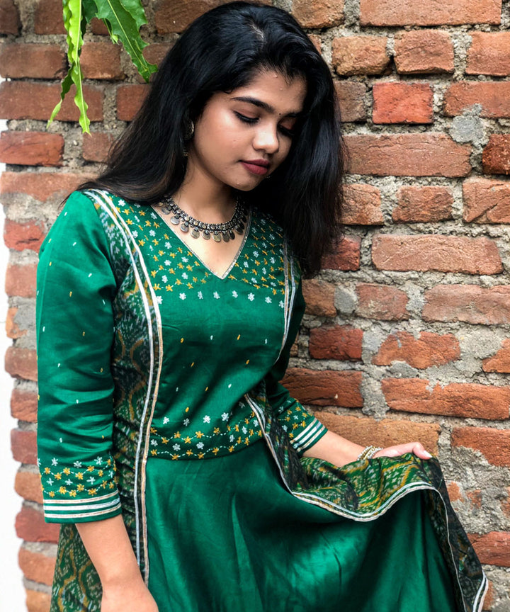 Green chanderi and silk ikat handwoven lehenga with hand embroidery