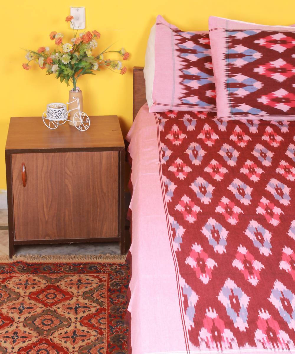 Maroon Handloom Pochampally Cotton Bedsheet