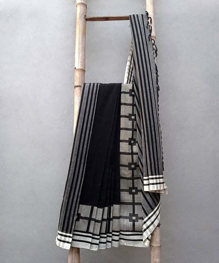 Charcoal black white handwoven extra weft cotton saree