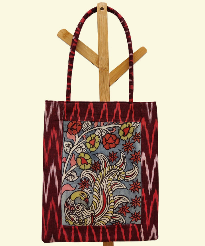 Hand painted kalamkari maroon ikat tote bag