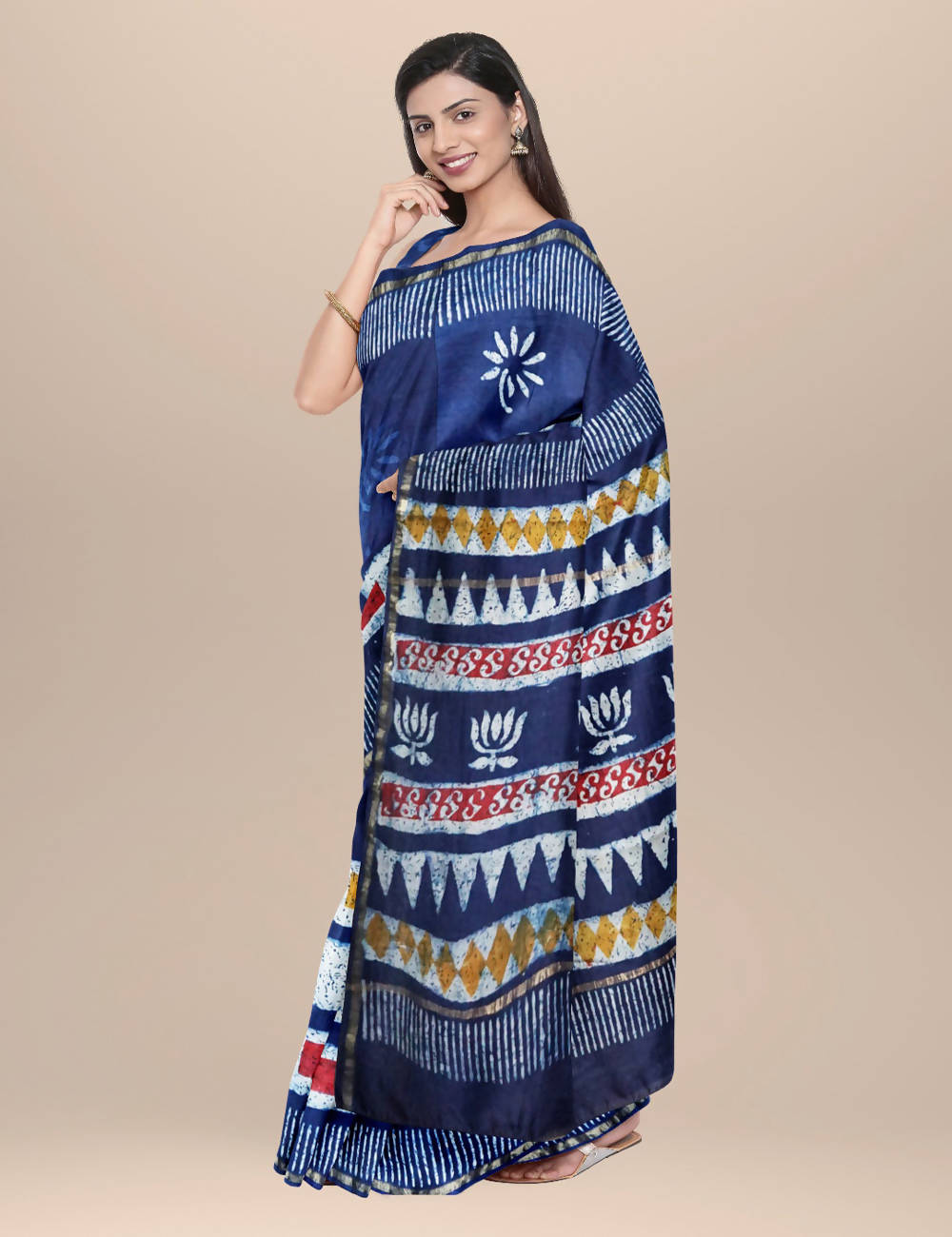 Navy Handwoven and Batik Chanderi cotton silk Saree