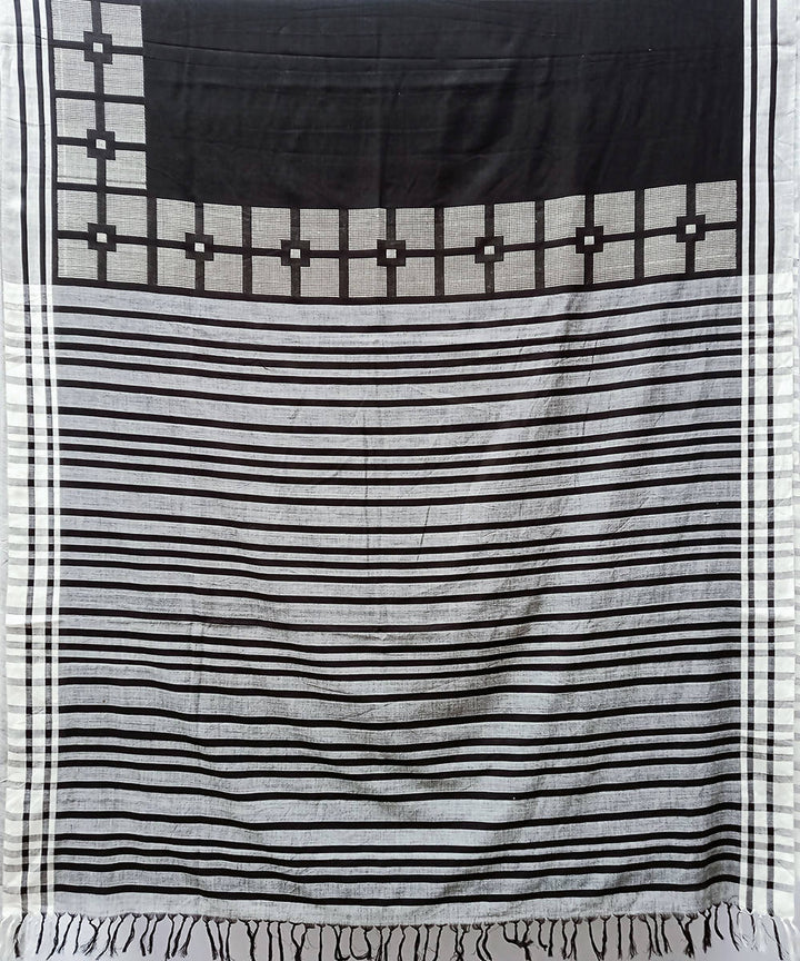 Charcoal black white handwoven extra weft cotton saree