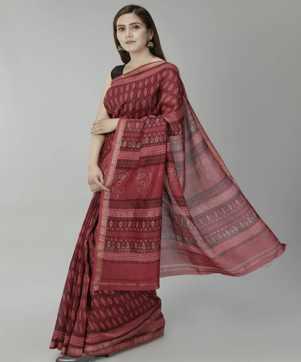Maroon bagru handblock printed cotton silk saree
