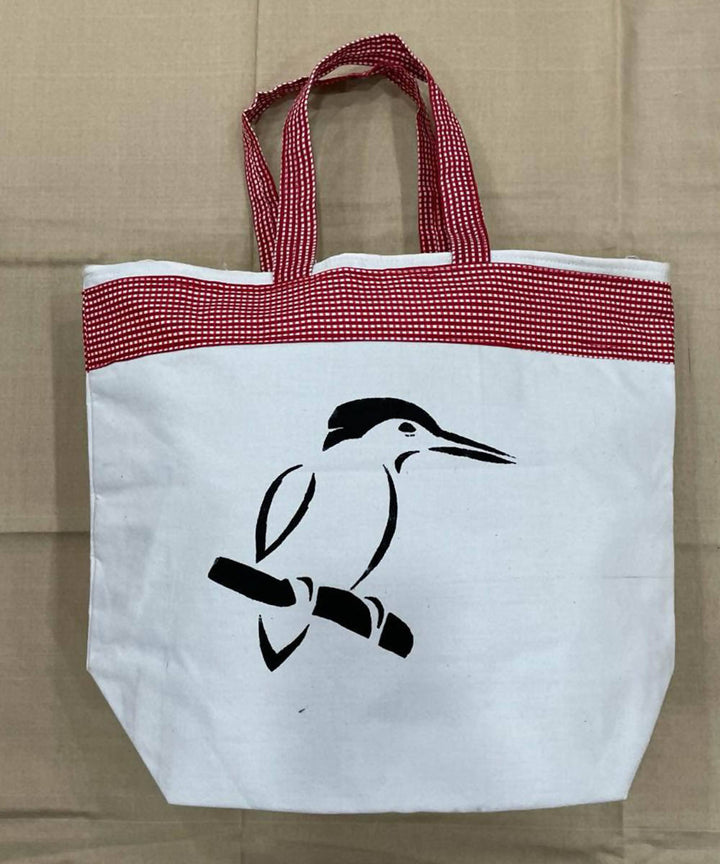 Bird motif offwhite red handwoven cotton handbag