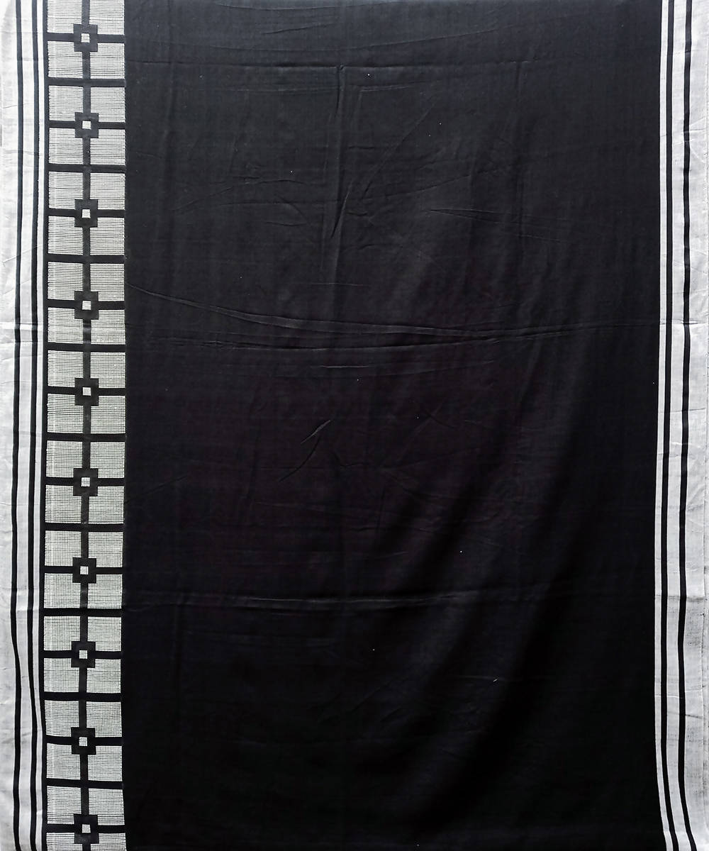 Charcoal black white handwoven extra weft cotton saree