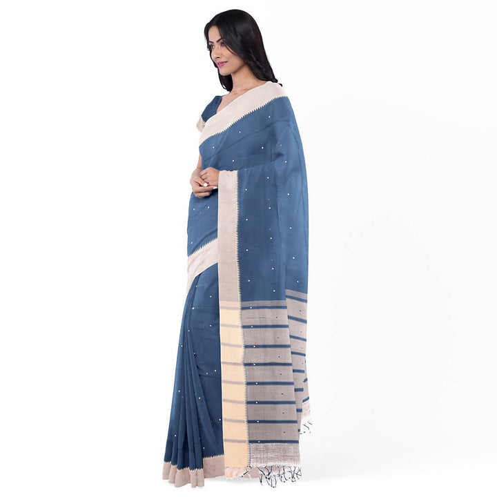 Blue grey handloom cotton bandar saree
