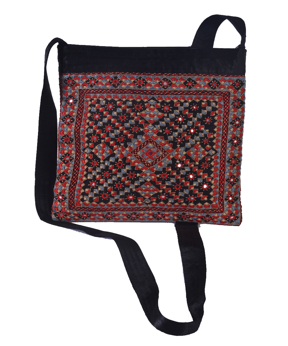 Black multi color kutchy hand embroidery mashroo cross body bag