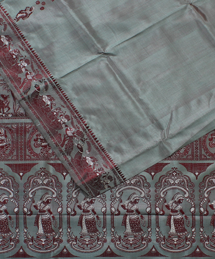 Dual shaded grey and pista handwoven silk baluchari saree