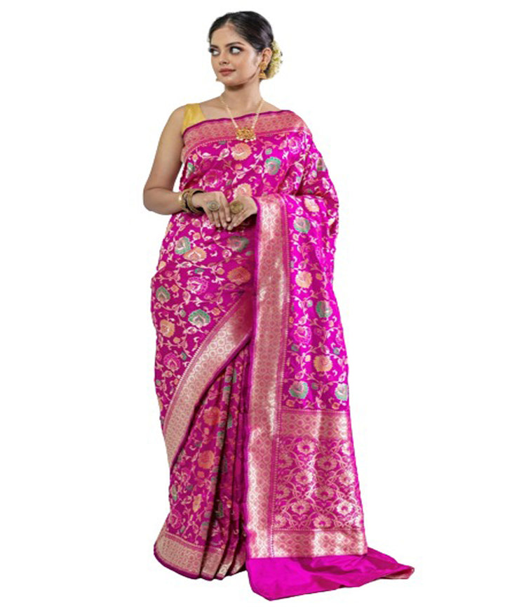 Purple pink handloom silk fekua jaal design banarasi saree