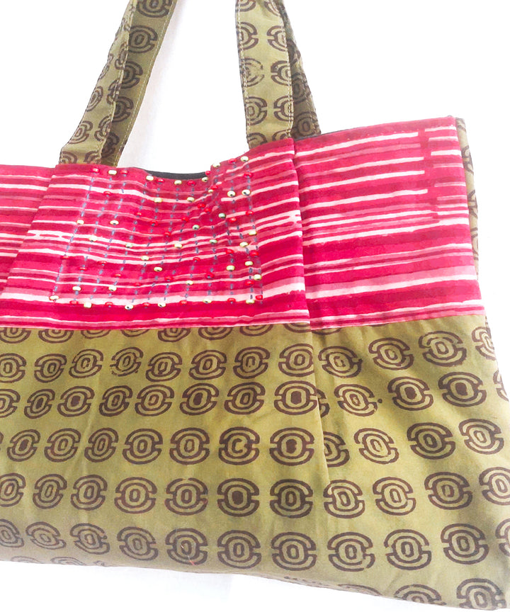 Red green handcrafted vegetable dyed cloth bag