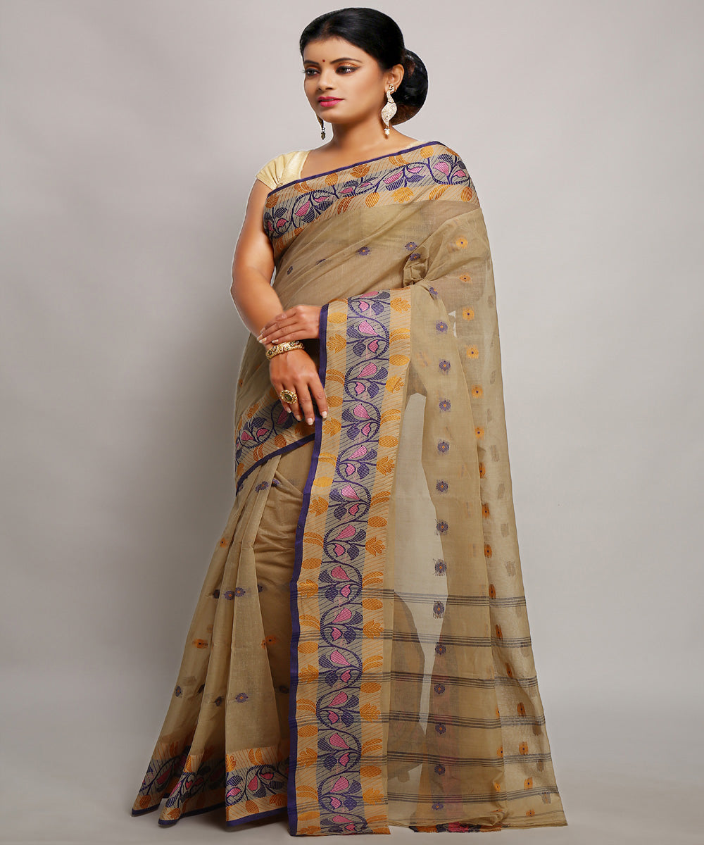 Brown handwoven tangail tant cotton bengal saree