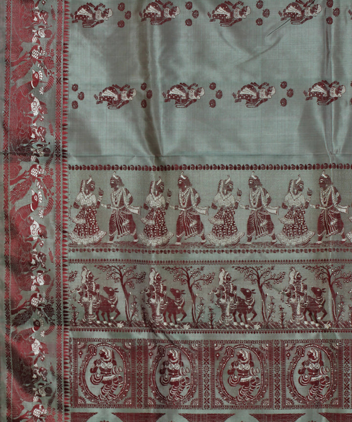 Dual shaded grey and pista handwoven silk baluchari saree