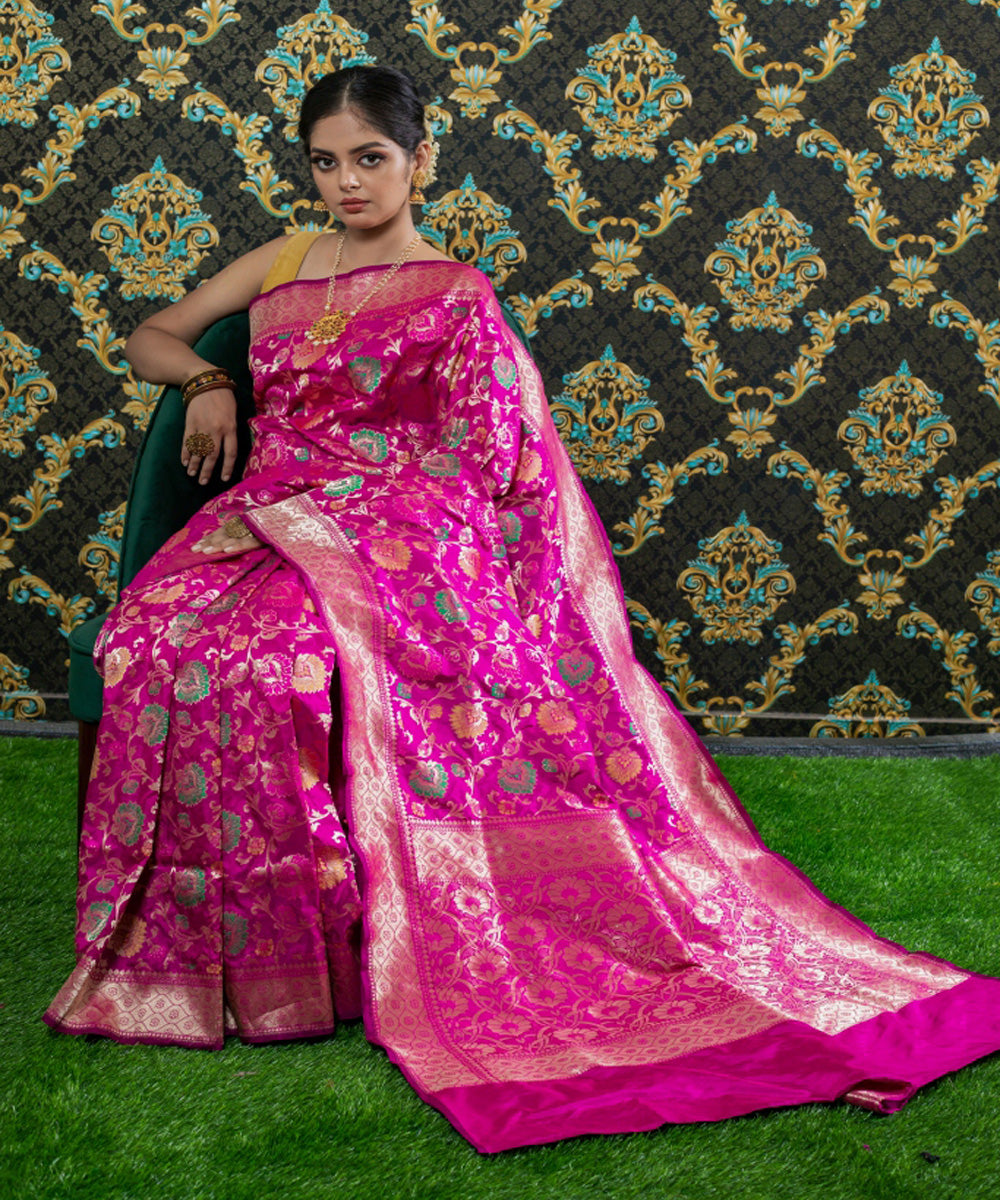 Purple pink handloom silk fekua jaal design banarasi saree