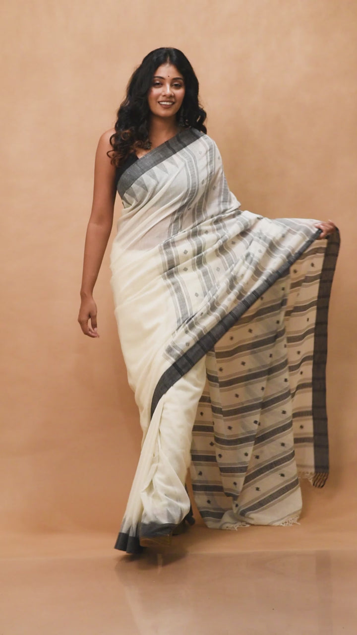 Black and white handwoven cotton jamdani saree