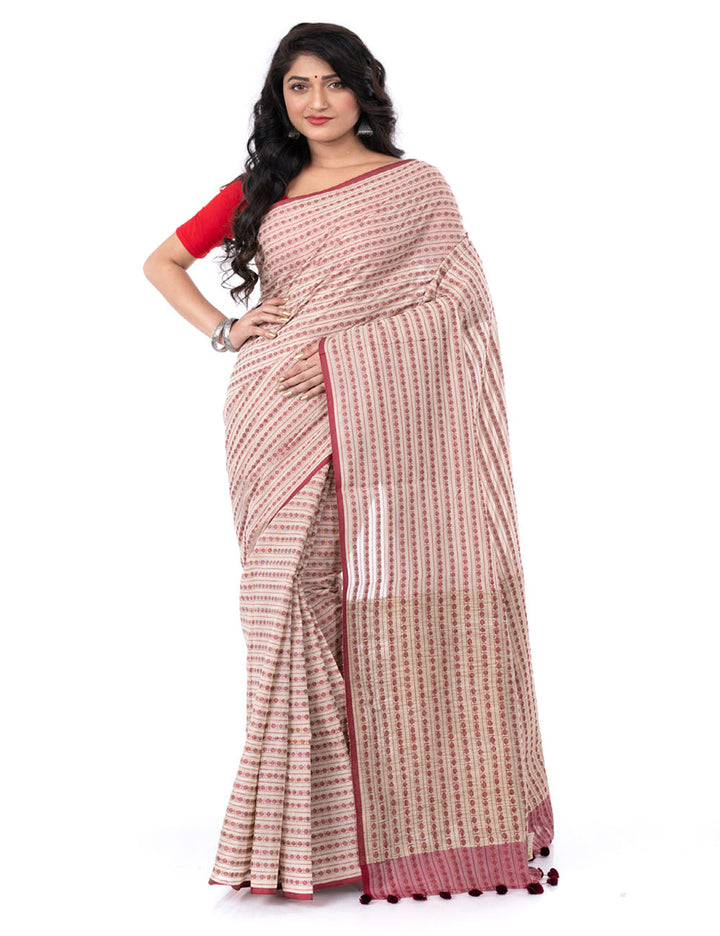 Brown offwhite handloom bengal cotton tangail saree